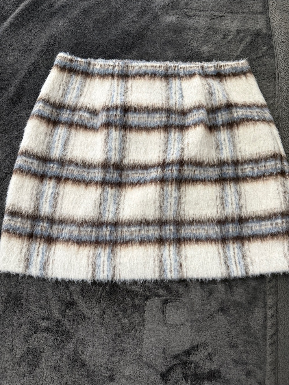 LOFT Cream Plaid Fuzzy Mini Skirt with Blue and Brown Windowpane